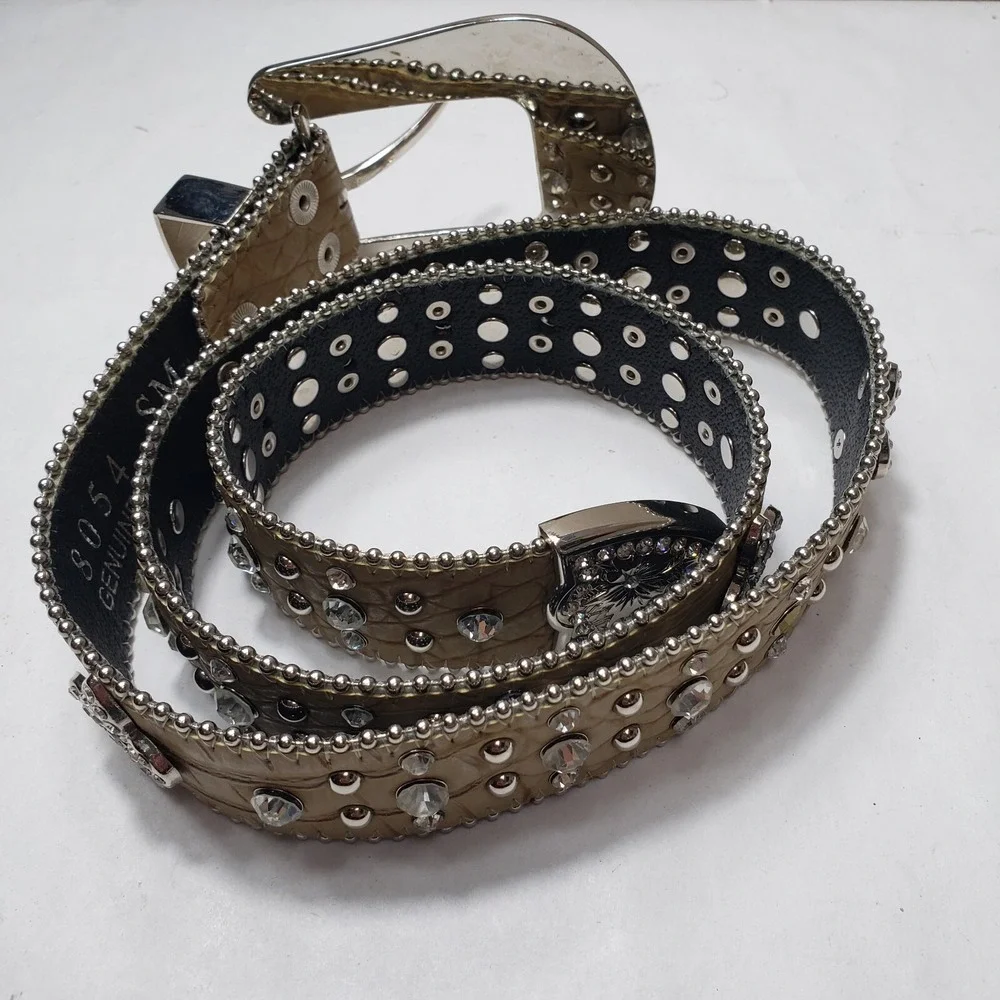 Genuine Leather Bling Western Belt Snakeskin Rhinestones Size Small Fleur-de-lis